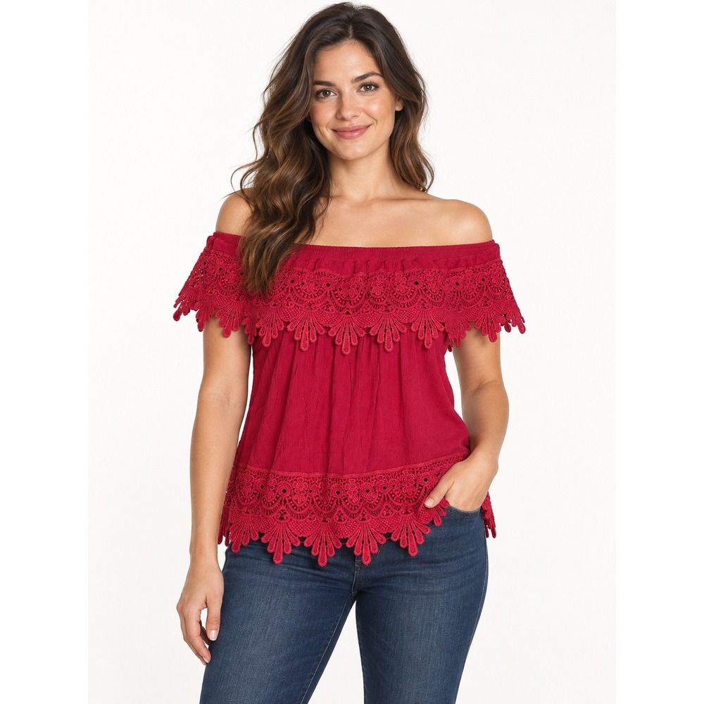 Women Crochet Lace Trim Boho Rayon Top Medium Off The Shoulder Love J Red